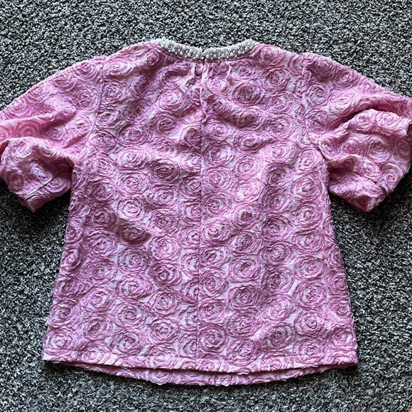 Voy Pink Blouse Wmn SM Beaded Collar Rose Pattern Balloon Sleeve Spring Dainty - Picture 4 of 5